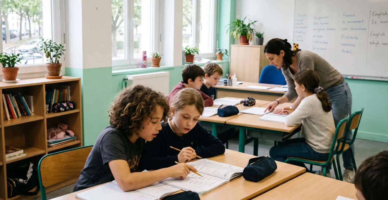 Des enfants travaillant en binôme dans une classe bilingue lumineuse, aidés par leur enseignante.
