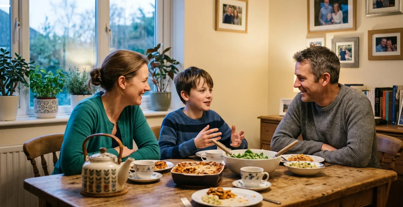 Un enfant en immersion linguistique discute avec sa famille d'accueil autour de la table du dîner dans une maison britannique.