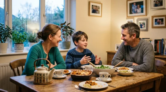 Un enfant en immersion linguistique discute avec sa famille d'accueil autour de la table du dîner dans une maison britannique.